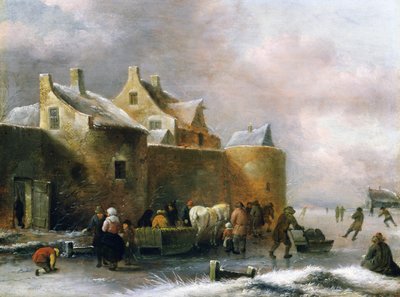 A Winter Landscape with Numerous Figures on a Frozen River Outside the Town Walls by Claes Molenaer